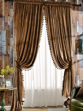 NWT 2-Panels 52"Wx84"L Velvet Blackout Curtains w/Pompom Trim In Golden Brown